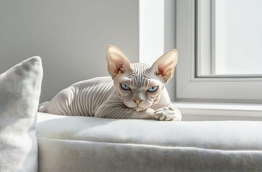 A sphynx cat with blue eyes lounges on a couch by a sunny window, showcasing its unique features and relaxed demeanor in a modern space.