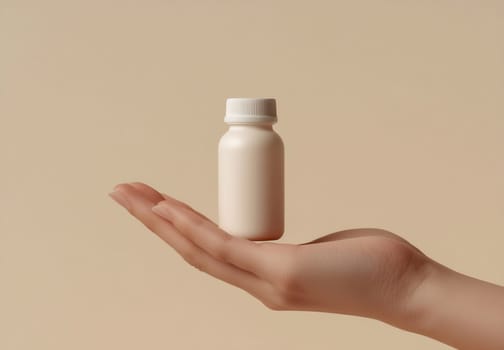 A hand supports a small white bottle against a soft, neutral background, showcasing a minimalist design and serene atmosphere.