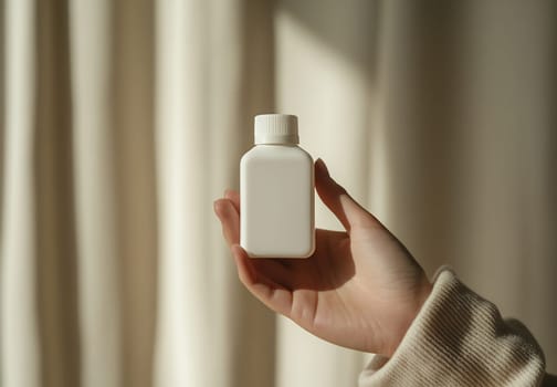 A hand holds a plain white bottle against soft, flowing curtains, creating a tranquil and minimalistic atmosphere.