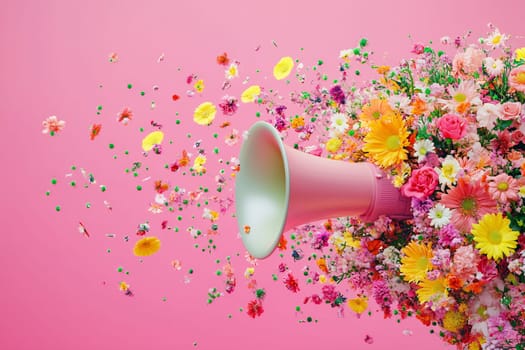 A colorful explosion of flowers flows from a megaphone against a pink background, symbolizing creativity and expression in a unique way.