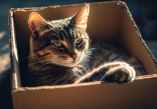 A relaxed tabby cat lounges in a cardboard box, enjoying warm sunlight during a late afternoon.