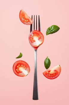 A fork holds sliced tomatoes with droplets, surrounded by fresh basil leaves against a pale pink background, showcasing vibrant colors.