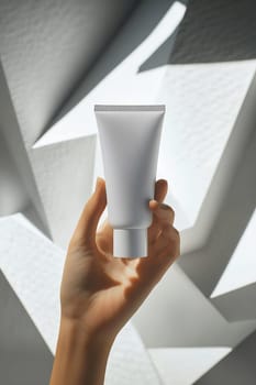 A hand grips a minimalist white tube while illuminated by soft light, highlighting its design against a textured backdrop.