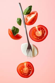 Slices of red tomato and mozzarella cheese are arranged with basil leaves and a fork against a light pink background.