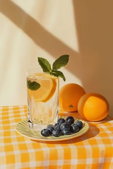 A glass of lemon-infused water garnished with mint sits on a checkered tablecloth with fresh blueberries and oranges nearby.