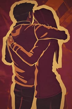 Two figures share a close embrace, silhouetted against a vibrant, warm background that radiates affection and intimacy.