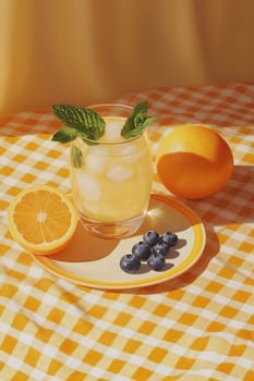 A vibrant drink featuring citrus flavors served with ice, mint, and fresh blueberries on a checkered tablecloth during a sunny day.