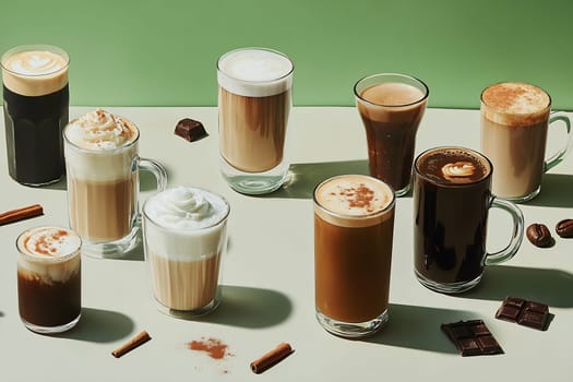 A selection of various coffee drinks is arranged artfully on a table. Each drink showcases different colors and textures.