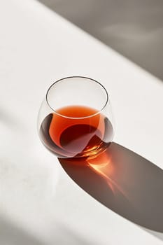 A round glass filled with a rich dark liquid sits on a white surface, casting a gentle shadow in soft natural light.