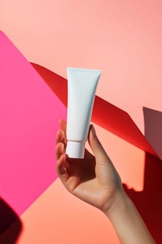 A hand presents a white cream tube, surrounded by vibrant orange and pink geometric shapes, creating a striking visual contrast.