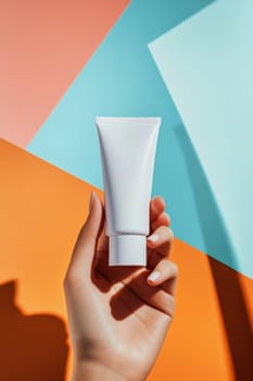 A hand presents a white tube against a vibrant background of orange and turquoise geometric shapes, showcasing its sleek design.