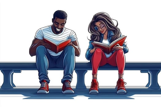 Two young adults sit side by side on a bench, deeply engaged in reading colorful books on a sunny day.