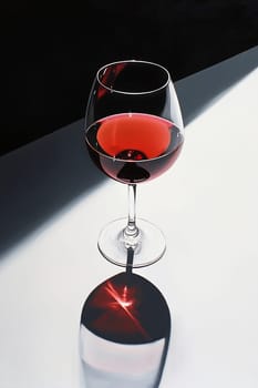 A glass of red wine sits on a table, creating a striking shadow while reflecting light in a darkened environment.