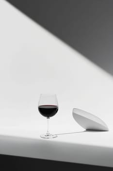 A glass of red wine rests elegantly on a minimalistic table, with a soft shadow cast by a white plate in a bright setting.
