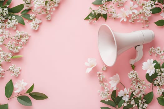 A white megaphone is placed on a pink background surrounded by delicate white flowers and green leaves, creating a soft ambiance.