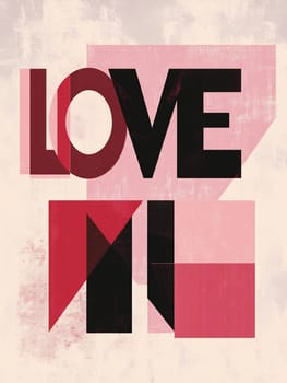 A creative composition showcases the word love in striking black and red geometric shapes against a textured background.