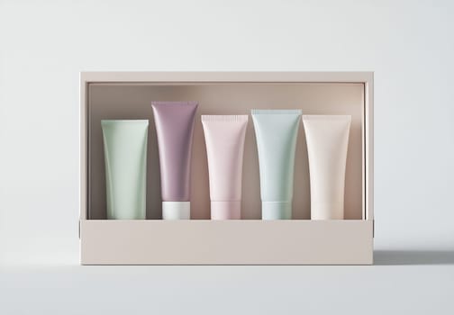 A set of five pastel-colored skincare tubes is neatly arranged in a soft beige box, showcasing a simple and elegant presentation.