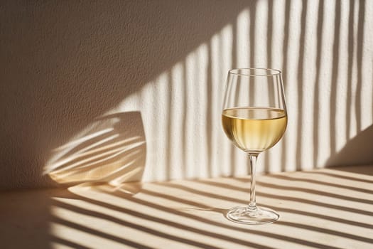 A glass filled with yellow wine sits on a surface, casting shadows from nearby light. Stripes of light create an artistic effect surrounding it.