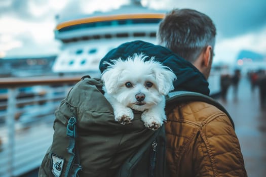 A small white dog peeks out from a backpack while its owner stands on a cruise ship deck, surrounded by travelers and scenic views.