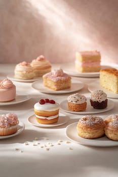 A variety of colorful desserts arranged on white plates, showcasing cakes, pastries, and sweet treats in soft lighting.