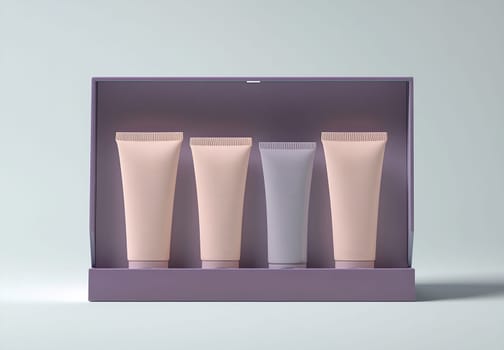 Four elegant tubes of skincare products are arranged neatly in a stylish box, showcasing a modern and chic design.