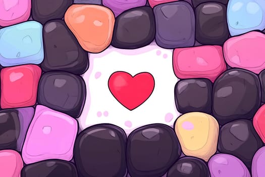 Vibrant stones in various colors encircle a red heart in the center, creating a playful and artistic design.