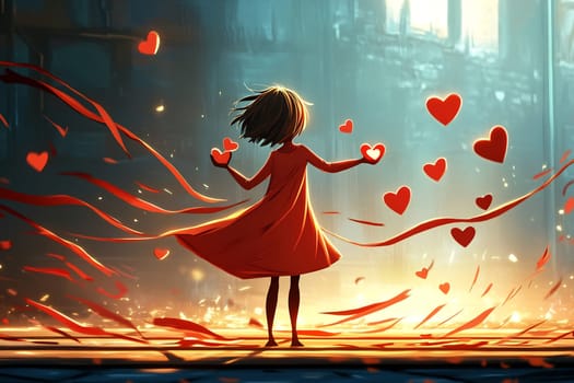 A girl in a red dress stands with her back to the viewer, releasing hearts into the glowing atmosphere of a fantastical world.
