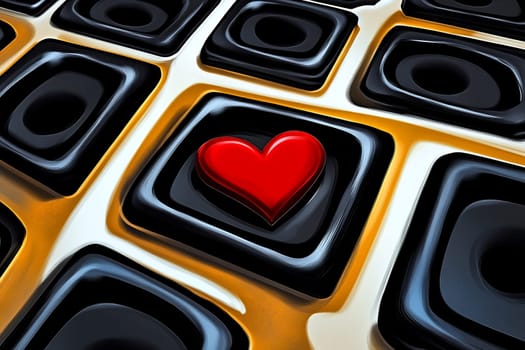 A close-up view of a keyboard demonstrating a red heart symbol contrasting against black keys, symbolizing love or connection.