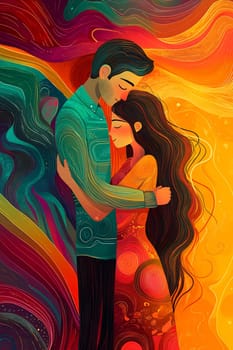 A couple shares a tender moment, embracing each other amidst a colorful, swirling background that evokes warmth and connection.