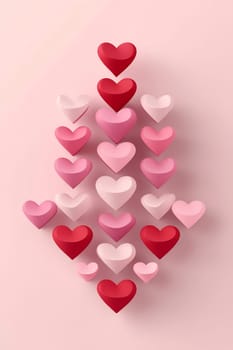 A variety of heart shapes in red, pink, and white are organized in a visually appealing pattern against a soft pink background.