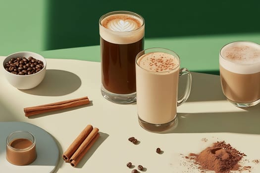 A variety of coffee beverages with spices and coffee beans are arranged on a light table, showcasing their rich colors and textures.