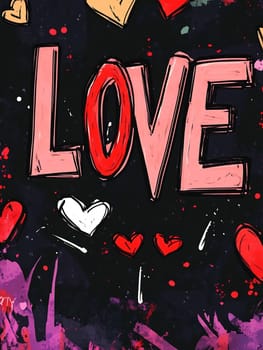 Bold love artwork features large letters surrounded by vibrant heart shapes and colorful splashes, expressing affection and warmth.