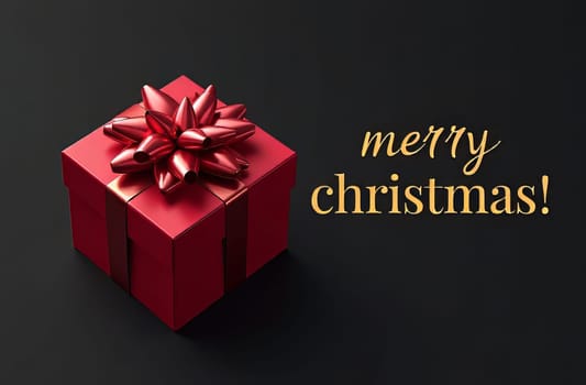 A vibrant red gift box adorned with a large decorative bow sits against a dark backdrop, conveying a warm holiday spirit with the cheerful greeting of Merry Christmas displayed nearby.