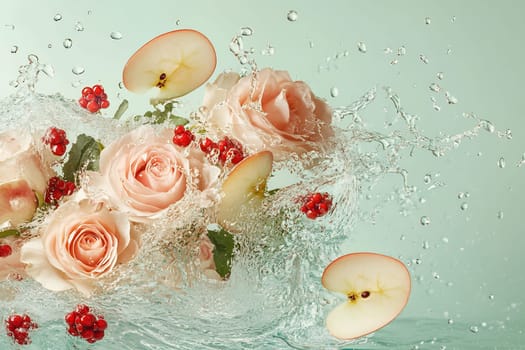 Roses and apples splash into water, creating a vibrant mix of colors and motion, illustrating nature's beauty and freshness.
