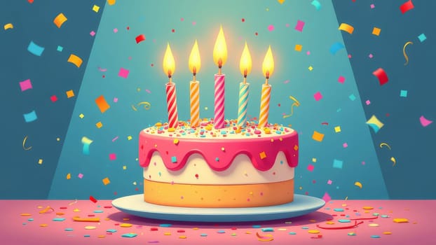 A beautifully decorated birthday cake with five lit candles stands on a plate, surrounded by colorful confetti and a bright, cheerful atmosphere, perfect for celebrating a special occasion.