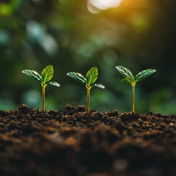 Small green seedlings emerge from dark, fertile soil, basking in the warm light of the golden hour. Copy space