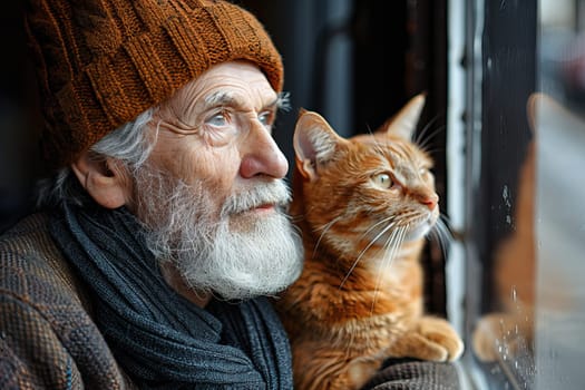 An elderly man with a cozy beanie sits by a window, watching raindrops fall with his orange cat nestled beside him, creating a serene moment of companionship and reflection on a rainy day.