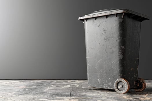 A standard black trash bin sits stationary on a worn concrete floor, with two wheels visible. The backdrop features a simple gray wall, emphasizing the bin's utilitarian design and setting. Copy space