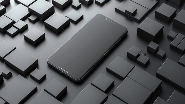 A sleek black smartphone sits centrally on a dark, textured surface surrounded by various geometric shapes.