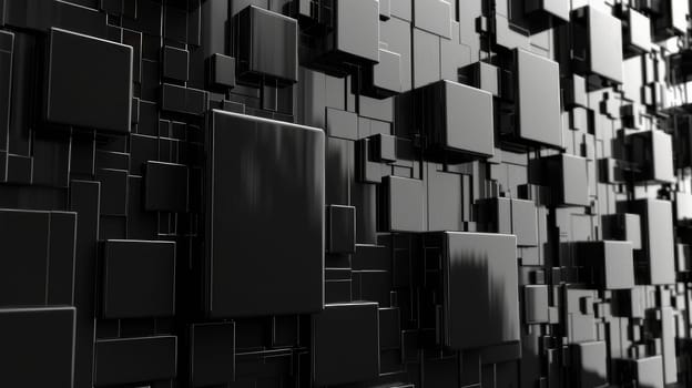 An intricate arrangement of black geometric shapes creates a striking visual effect, highlighting the interplay of shadows and light in a contemporary digital art piece.