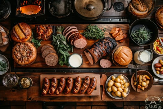 An exquisite spread of roasted meats, fresh herbs, and assorted side dishes is artfully arranged on a rustic wooden table, showcasing a hearty feast perfect for a gathering or celebration.