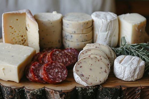 A beautifully arranged platter features various cheeses and salami slices, complemented by fresh herbs. The spread is perfect for a gathering or special occasion, showcasing culinary artistry.
