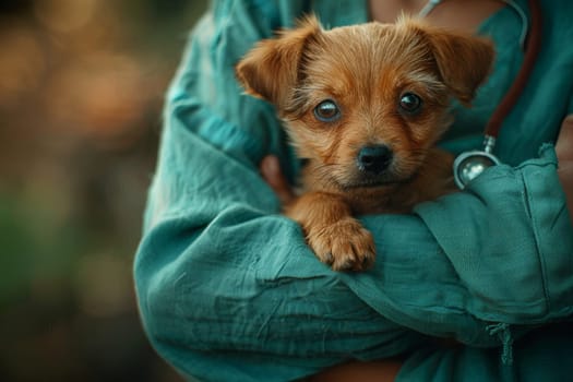 A small, fluffy dog is cradled in the arms of a person wearing a green shirt. The warm lighting creates a cozy atmosphere, emphasizing the bond between the pet and its owner.