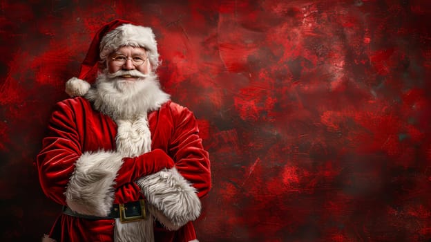 A jolly Santa Claus poses with a warm smile, dressed in his iconic red suit with white fur trim. The rich red background adds a cheerful and festive atmosphere, perfect for holiday celebrations.