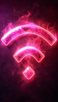 A striking Wi-Fi symbol radiates neon pink hues, surrounded by swirling smoke. Its luminous glow stands out dramatically against a deep black backdrop, creating an eye-catching digital aesthetic.