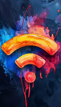 A vibrant abstract design showcases a large Wi-Fi symbol in orange hues, set against a splash of blue and purple watercolor backgrounds.