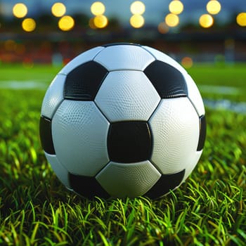 The soccer ball sits prominently on the vibrant green grass, with blurred stadium lights in the background, indicating an evening match. The atmosphere is energetic and inviting.