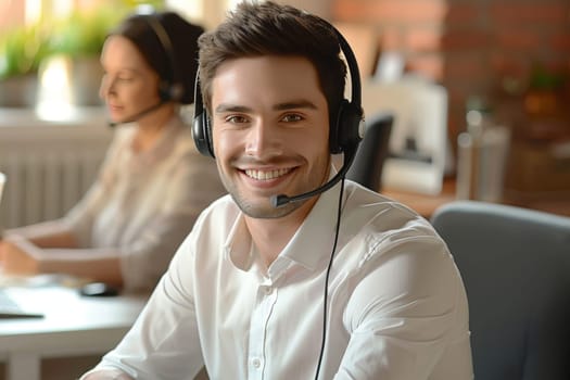 A cheerful customer support agent wearing a headset engages with clients while seated at a desk. Another agent works in the background, creating a productive and collaborative work environment.