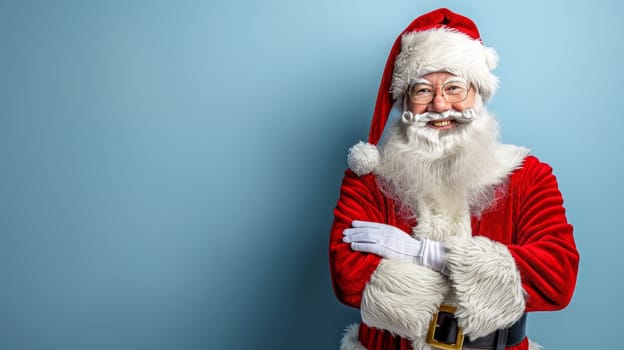 Santa Claus stands with his arms crossed, smiling warmly. His traditional red suit and fluffy white beard bring holiday cheer against a soft blue backdrop, capturing the spirit of the season.