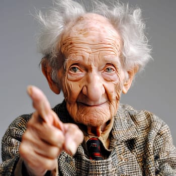 An elderly man with wild, unkempt hair playfully points his finger while smiling. He is dressed in a patterned suit, and the bright indoor setting accentuates his expressive features.